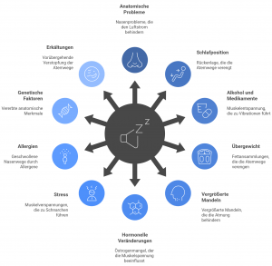 Kreisgrafik mit 10 Ursachen für Schnarchen, darunter Anatomie, Schlafposition, Stress und Übergewicht – visuelle Übersicht für Betroffene mit Schnarchproblemen in der Schweiz. 