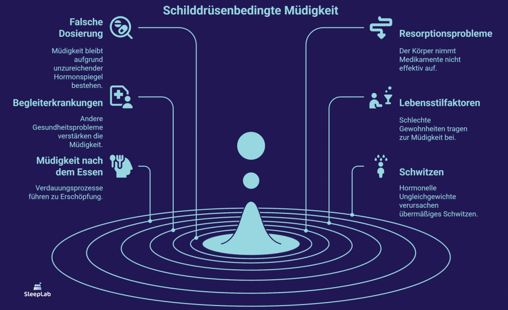 Darstellung der wichtigsten Ursachen für Müdigkeit bei Schilddrüsenerkrankungen: falsche Dosierung, Resorptionsprobleme, Lebensstilfaktoren, Begleiterkrankungen und Schwitzen. Keyword: Schilddrüse Müdigkeit Ursachen.
