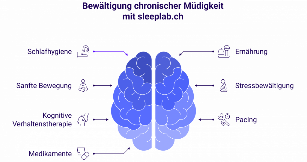 Gehirn-Illustration mit acht Strategien gegen chronische Müdigkeit: Schlafhygiene, Ernährung, Bewegung, Stressbewältigung, Pacing, Verhaltenstherapie und Medikamente – empfohlen von sleeplab.ch für Betroffene in der Schweiz.