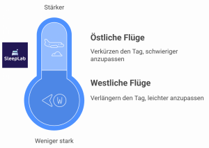 Visualisierung der Jetlag-Intensität bei Ostflügen und Westflügen – grafisch erklärt anhand der Anpassung an kürzere oder längere Tage. Relevantes Thema für Reisende mit Jetlag in der Schweiz.