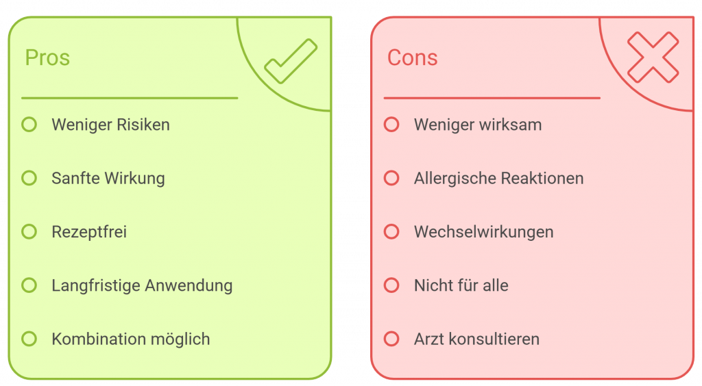 Grafik mit zwei gegenübergestellten Boxen in Grün und Rot. Links (grün): Vorteile natürlicher Schlafmittel – weniger Risiken, sanfte Wirkung, rezeptfrei, langfristig anwendbar, kombinierbar. Rechts (rot): Nachteile – weniger wirksam, mögliche allergische Reaktionen, Wechselwirkungen, nicht für alle geeignet, Arzt konsultieren empfohlen.
