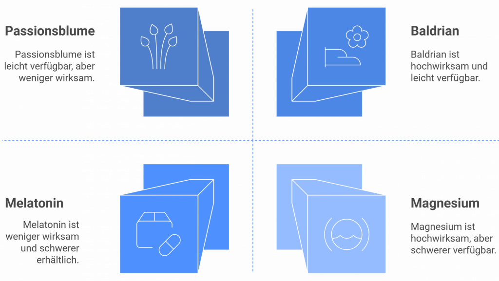 Matrix mit vier natürlichen Schlafmitteln: Passionsblume (leicht verfügbar, weniger wirksam), Baldrian (leicht verfügbar, hochwirksam), Melatonin (schwer verfügbar, weniger wirksam), Magnesium (schwer verfügbar, hochwirksam). Darstellung als Würfel mit Symbolen und kurzer Beschreibung der Wirkung und Verfügbarkeit.