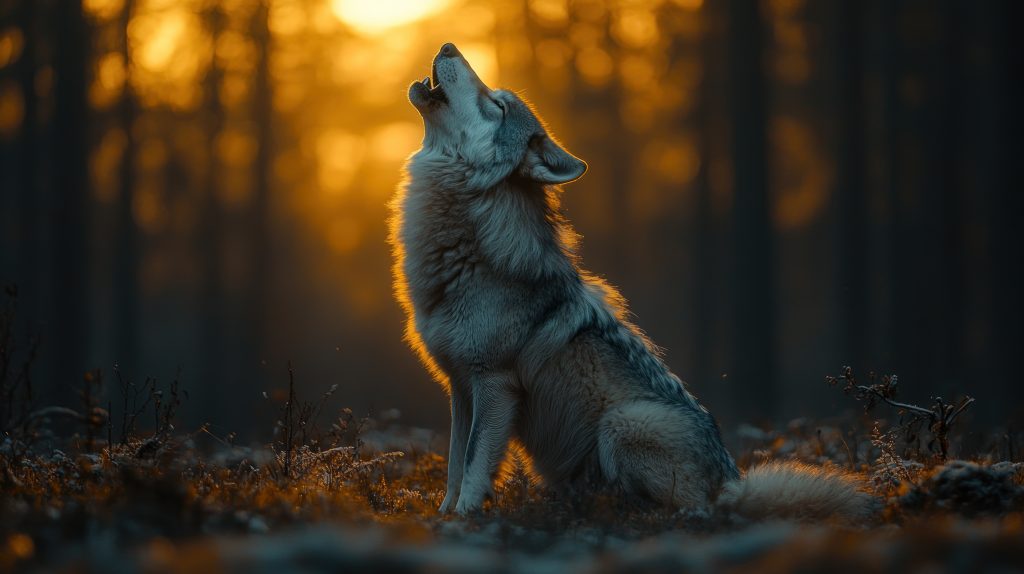 Heulender Wolf bei Sonnenaufgang, Symbol für die Wolfsstunde und nächtliches Aufwachen.