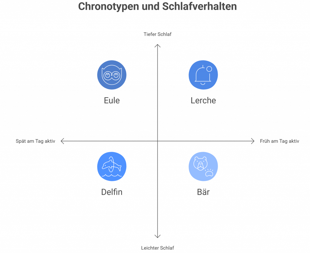 Grafik mit dem Titel „Chronotypen und Schlafverhalten“. Vier Chronotypen werden in einem Koordinatensystem dargestellt: Eule (spät aktiv, tiefer Schlaf), Lerche (früh aktiv, tiefer Schlaf), Delfin (spät aktiv, leichter Schlaf), Bär (früh aktiv, leichter Schlaf). Die Achsen zeigen Aktivitätszeitpunkt (früh/spät) und Schlafqualität (leicht/tief).