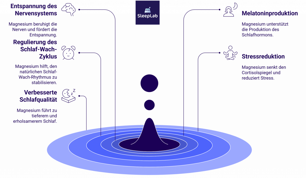 Wirkung von Magnesium auf den Schlaf: Entspannung des Nervensystems, besserer Schlaf-Wach-Rhythmus, tiefere Schlafqualität, Melatoninproduktion und Stressreduktion – hilfreich bei Schlafproblemen.