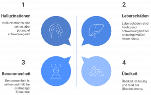 Illustration mit vier häufigen und seltenen Nebenwirkungen von Ashwagandha: Halluzinationen, Leberschäden, Benommenheit und Übelkeit – visuell als vierteilige Aufteilung mit Icons dargestellt.
