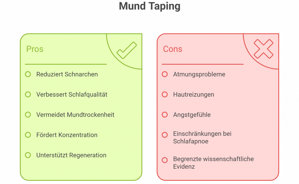 Gegenüberstellung der Vor- und Nachteile von Mouth Taping bei Schlafproblemen – von besserem Schlaf bis zu potenziellen Atemproblemen. Nützlich zur Einschätzung dieser umstrittenen Methode.