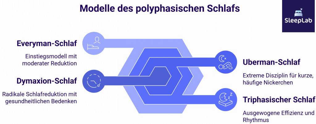 Grafik zeigt vier Modelle des polyphasischen Schlafs: Everyman, Dymaxion, Uberman und Triphasisch. Visualisiert wird der Unterschied in Schlafstruktur und Intensität. Fokus auf Schlafreduktion und Effizienz.