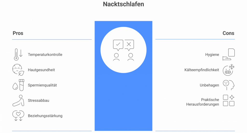 Gegenüberstellung von Vor- und Nachteilen des Nacktschlafens. Links: Vorteile wie Temperaturkontrolle, Hautgesundheit, Spermienqualität, Stressabbau und Beziehungsstärkung. Rechts: Nachteile wie Hygieneprobleme, Kälteempfindlichkeit, Unbehagen und praktische Herausforderungen. In der Mitte eine stilisierte Figur mit Abwägungssymbol.