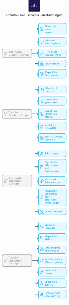 Infografik zu Ursachen und Tipps bei Einschlaf- und Durchschlafstörungen. Links: Stress, Schlafhygiene, Hormone, Medikamente, körperliche Beschwerden. Rechts: Schlafapnoe, psychische Belastung, Schmerzen, Umweltfaktoren. Darunter je passende Tipps wie Abendroutine, Schlafumgebung oder natürliche Mittel – erstellt für SleepLab Schweiz.