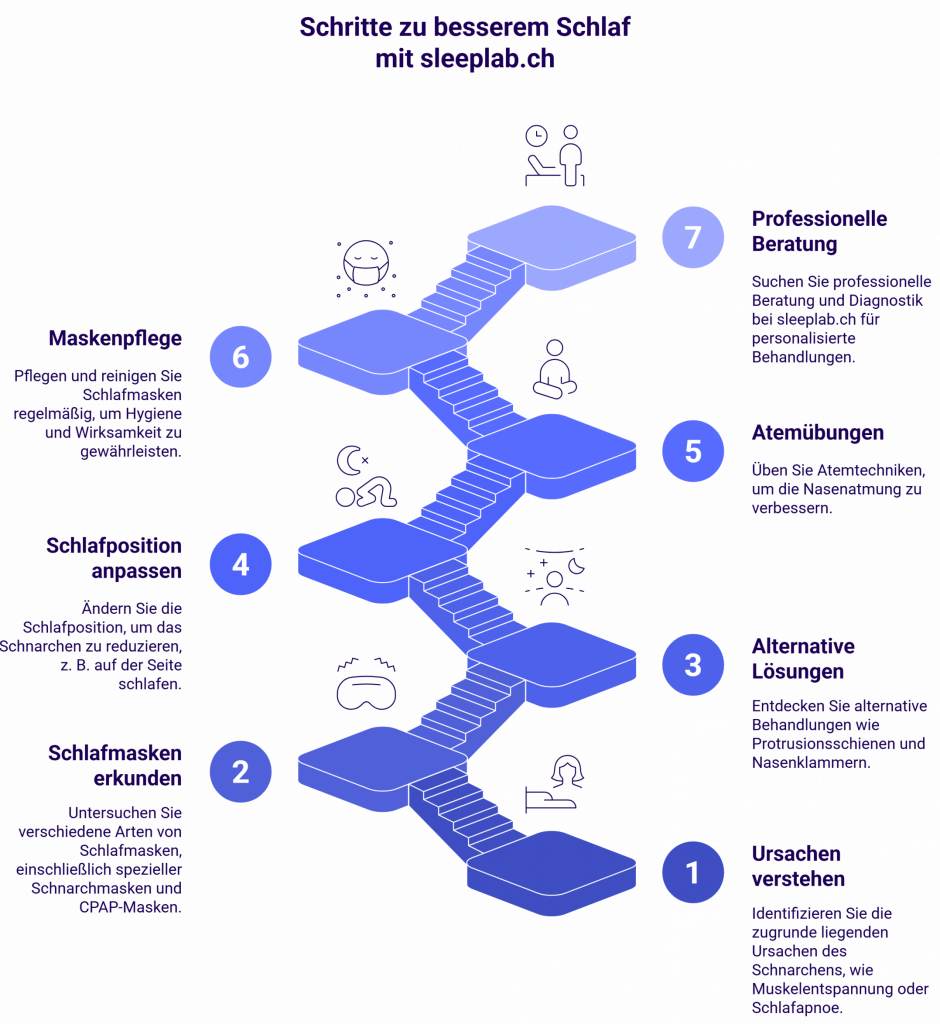 Visualisierte Treppe mit sieben Schritten zur Schnarchtherapie, angefangen bei der Ursachenklärung bis zur professionellen Beratung. Gezeigt werden Atemübungen, Maskenpflege, alternative Lösungen wie Protrusionsschienen und individuelle Empfehlungen. Die Infografik betont die strukturierte Vorgehensweise von sleeplab.ch zur Schlafverbesserung.