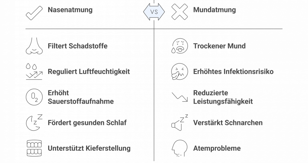 ergleich der Atemtechniken: Nasenatmung bietet gesundheitliche Vorteile wie Filterung von Schadstoffen, höhere Sauerstoffaufnahme und besseren Schlaf, während Mundatmung mit Nachteilen wie trockenem Mund, höherem Infektionsrisiko und Schnarchen verbunden ist.
