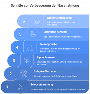Illustration von sechs effektiven Schritten zur Verbesserung der Nasenatmung, darunter bewusste Atmung, Buteyko-Methode, Lippenbremse, Nasenpflaster, sportliche Atmung und Widerstandstraining zur Stärkung der Atemmuskulatur.