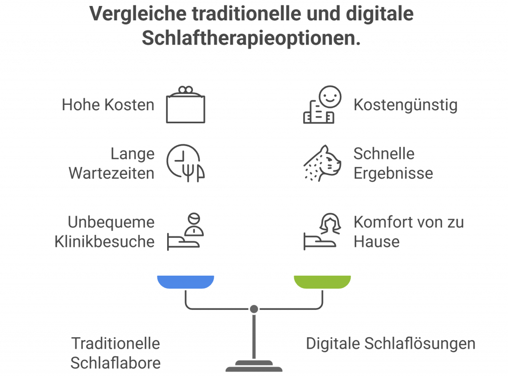 Waage vergleicht traditionelle Schlaflabore (teuer, lange Wartezeit, unbequeme Besuche) mit digitalen Lösungen (günstig, schnell, bequem zu Hause).