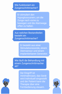 Erklärgrafik zur Zungenschrittmacher-Funktion: In Form eines Dialogs wird erklärt, wie das Gerät über den Hypoglossusnerv wirkt, welche Komponenten es hat und wie die minimalinvasive Therapie individuell angepasst wird.