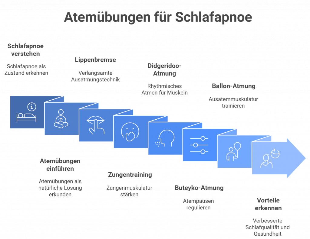 Grafik stellt fünf Stufen der Atemtherapie bei Schlafapnoe dar: Stärkung der Atemwege, Vertiefung der Atmung, Aktivierung des Parasympathikus, Reduktion von Schnarchen und bewusstere Atmungswahrnehmung – jeweils mit begleitendem Icon und kurzer Beschreibung.