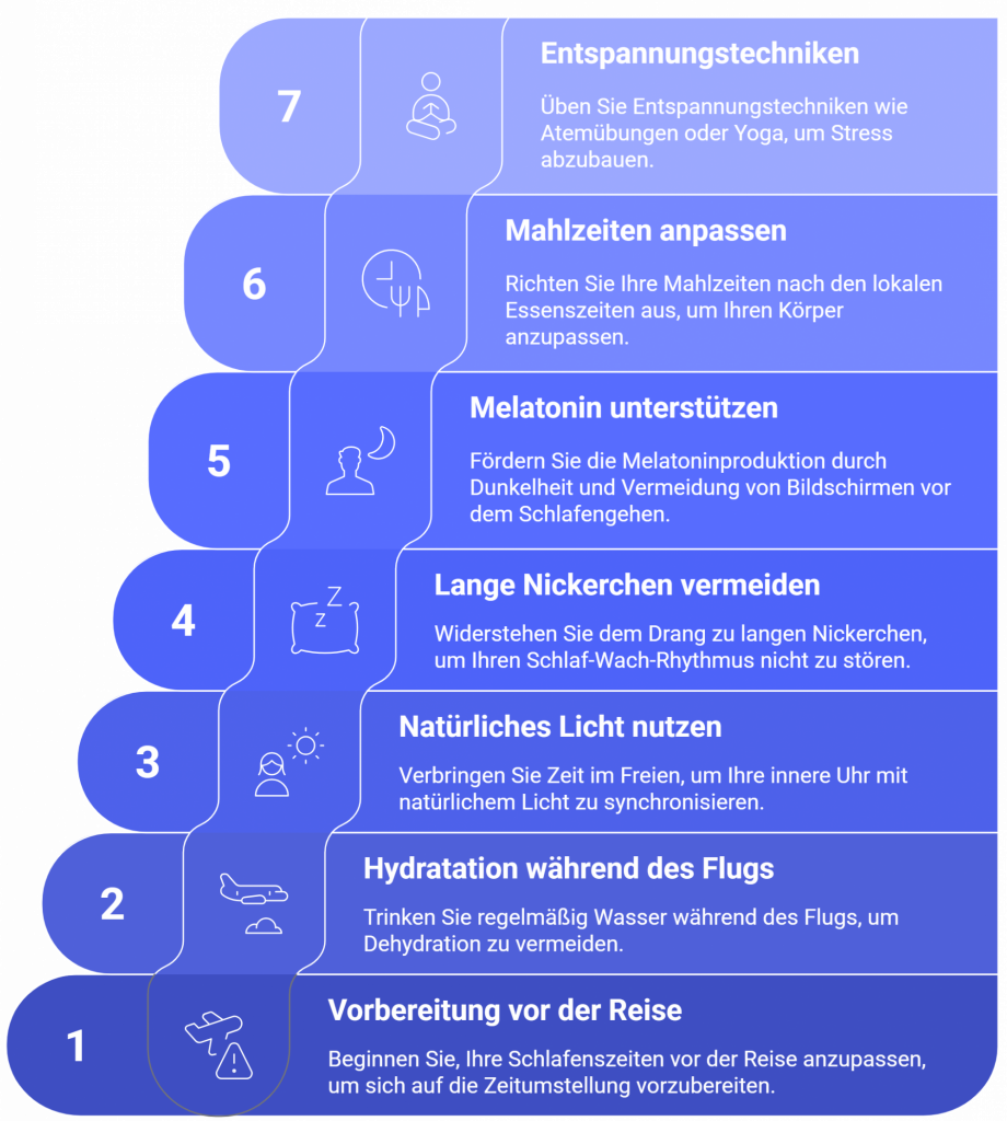 Infografik mit 7 Tipps gegen Jetlag in absteigender Reihenfolge. Schritt 1: Vorbereitung vor der Reise (Schlafzeiten anpassen). Schritt 2: Hydration während des Flugs. Schritt 3: Natürliches Licht nutzen. Schritt 4: Lange Nickerchen vermeiden. Schritt 5: Melatoninproduktion unterstützen. Schritt 6: Mahlzeiten anpassen. Schritt 7: Entspannungstechniken wie Atemübungen oder Yoga anwenden. Die Tipps sind in farblich abgestuften Feldern mit Icons visuell dargestellt.