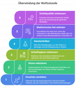Infografik mit sechs Strategien zur Bewältigung der Wolfsstunde: Ursachen verstehen, Stress reduzieren, Schlafhygiene verbessern, Atemtechniken anwenden, medizinischen Rat einholen und die Schlafqualität gezielt steigern.