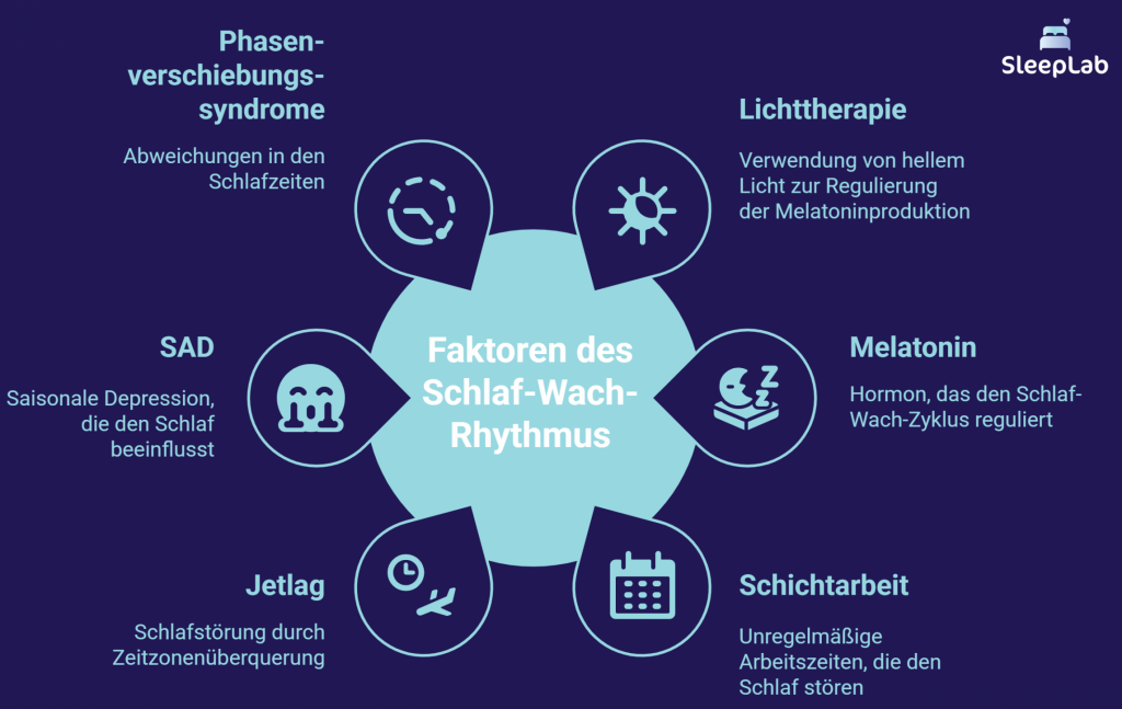 Darstellung wichtiger Einflussfaktoren auf den Schlaf-Wach-Rhythmus, darunter Schichtarbeit, Jetlag und SAD. Personen mit ADHS in der Schweiz sind oft besonders sensibel gegenüber solchen Rhythmusstörungen.