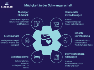Infografik von SleepLab visualisiert die häufigsten Ursachen für Müdigkeit in der Schwangerschaft: niedriger Blutdruck, hormonelle Veränderungen, erhöhte Durchblutung, Stoffwechselveränderungen, Schlafprobleme und Eisenmangel. Zentrale Illustration einer schwangeren Frau mit begleitenden Icons.