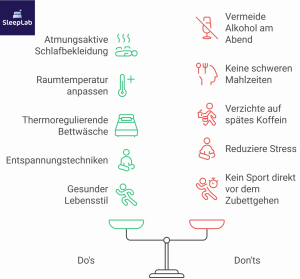 Do’s und Don’ts bei Nachtschweiss: Tipps wie atmungsaktive Kleidung, kühlere Raumtemperatur und Entspannung helfen gegen Schwitzen im Schlaf – inklusive Verhaltensregeln zur Vorbeugung.