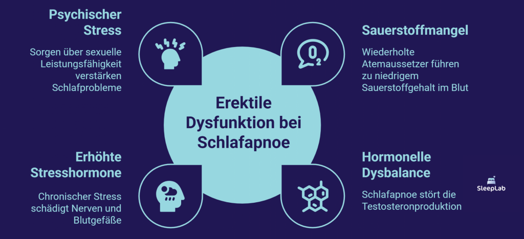 Infografik erklärt Ursachen der erektilen Dysfunktion bei Schlafapnoe: Sauerstoffmangel, hormonelle Dysbalance und Stress – Fokus auf Schlafapnoe Schweiz.