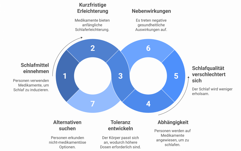 Zirkuläres Schaubild, das den Teufelskreis der Schlafmittelnutzung erklärt: Einnahme, kurzfristige Erleichterung, Toleranz, Abhängigkeit, schlechterer Schlaf, Nebenwirkungen und der Wunsch nach Alternativen.