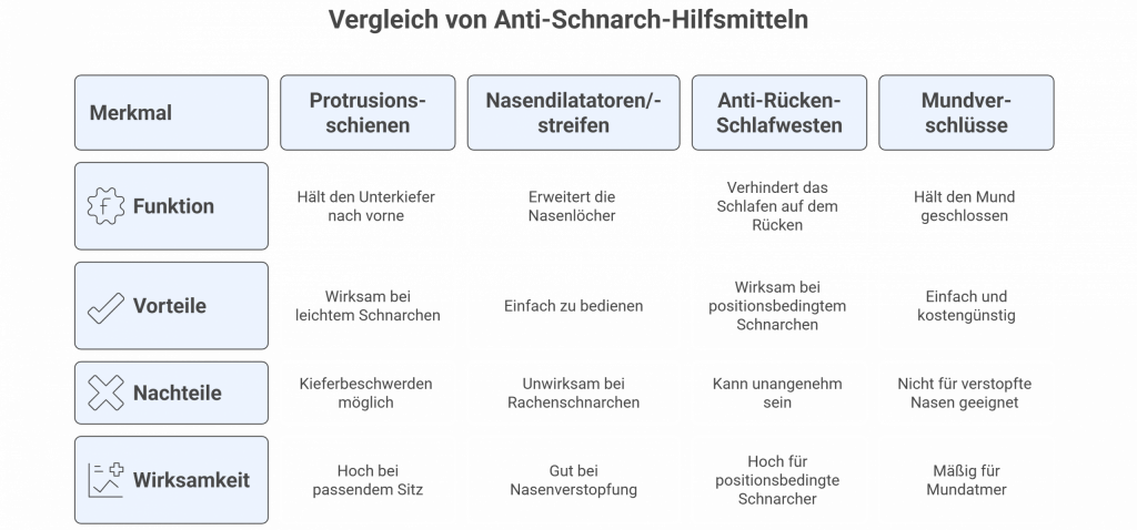 Vergleichstabelle mit Funktion, Vorteilen, Nachteilen und Wirksamkeit von vier Anti-Schnarch-Hilfsmitteln: Protrusionsschienen, Nasendilatatoren, Anti-Rücken-Westen und Mundverschlüsse – übersichtlich nebeneinandergestellt.