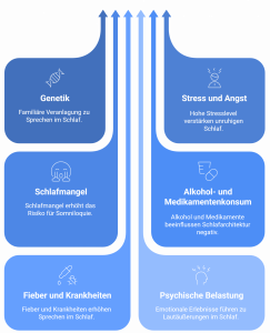 Grafik zu den Ursachen für Sprechen im Schlaf: Genetik, Schlafmangel, Fieber, Stress, psychische Belastung sowie Alkohol- und Medikamentenkonsum – dargestellt in zwei Spalten mit Richtungspfeilen nach oben.