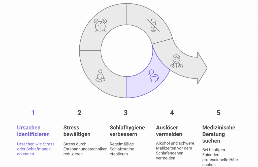 Kreisgrafik mit fünf Schritten zur Bewältigung von Somniloquie: Ursachen erkennen, Stress bewältigen, Schlafhygiene verbessern, Auslöser vermeiden und medizinische Beratung suchen – illustriert mit Icons und Pfeilführung.