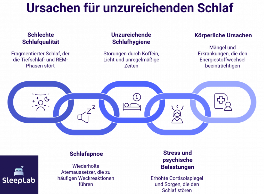 Grafik zeigt sechs häufige Ursachen für schlechten Schlaf: schlechte Schlafqualität, unzureichende Schlafhygiene, körperliche Beschwerden, Schlafapnoe, Stress und psychische Belastung. Ideal zur Erklärung von Schlafproblemen in der Schweiz.