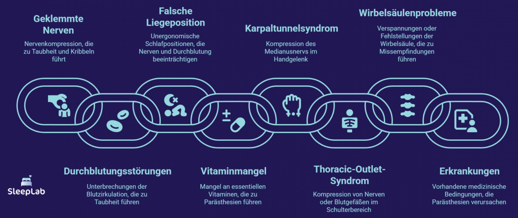 Grafik mit den häufigsten Ursachen für taube oder einschlafende Hände in der Nacht: von Nervenkompression und Durchblutungsstörungen bis zu falscher Schlafposition und Vitaminmangel. Keyword: einschlafende Hände Ursachen.