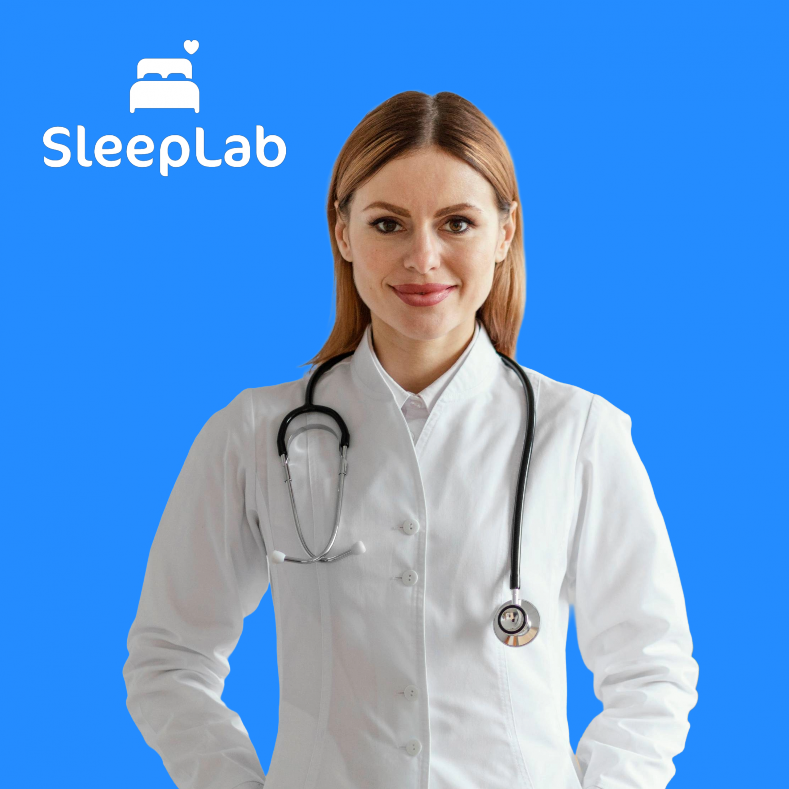 Porträt von Almedina Berisha, Assistenzärztin in der Schweiz, vor blauem Hintergrund mit SleepLab-Logo. Er begleitet Patientinnen und Patienten bei Schlafapnoe und anderen schlafmedizinischen Beschwerden in der Schweiz.