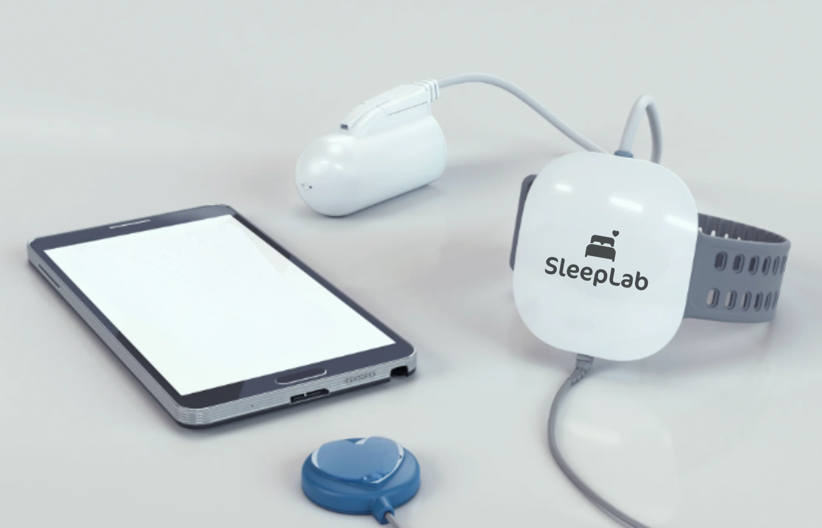 Das SleepLab Messgerät mit Sensoren und Smartphone-Anbindung für die digitale Schlafanalyse.